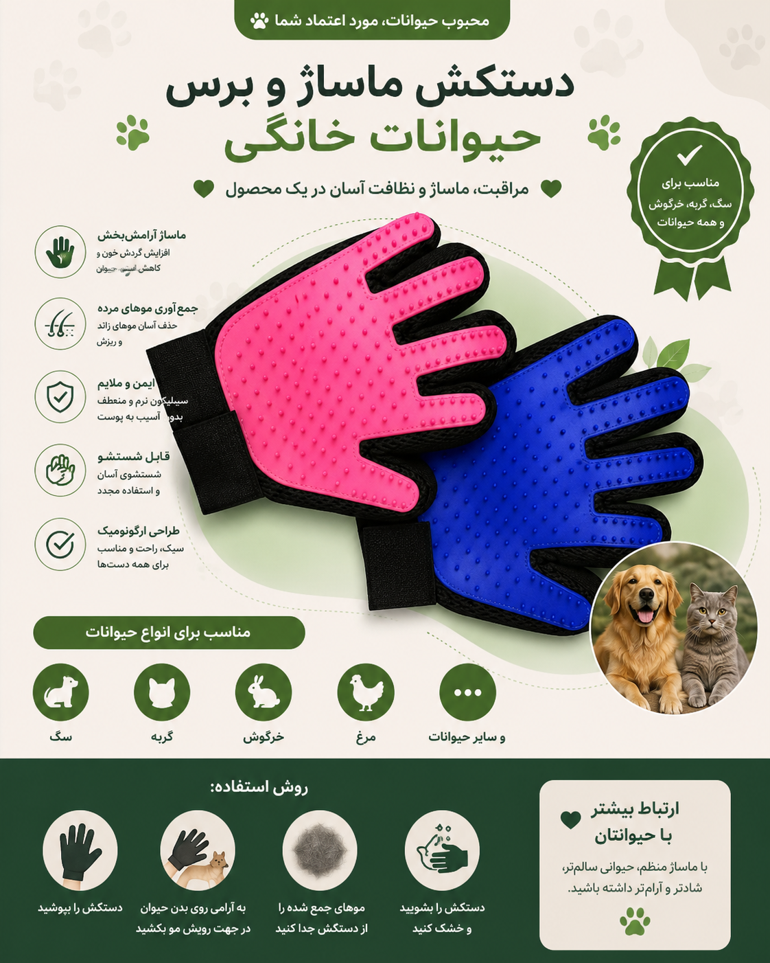 دستکش پرزگیر سگ،گربه،خرگوش